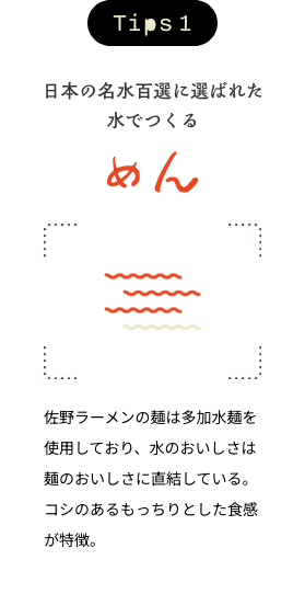 Tips1 日本の名水百選に選ばれた水でつくる「めん」